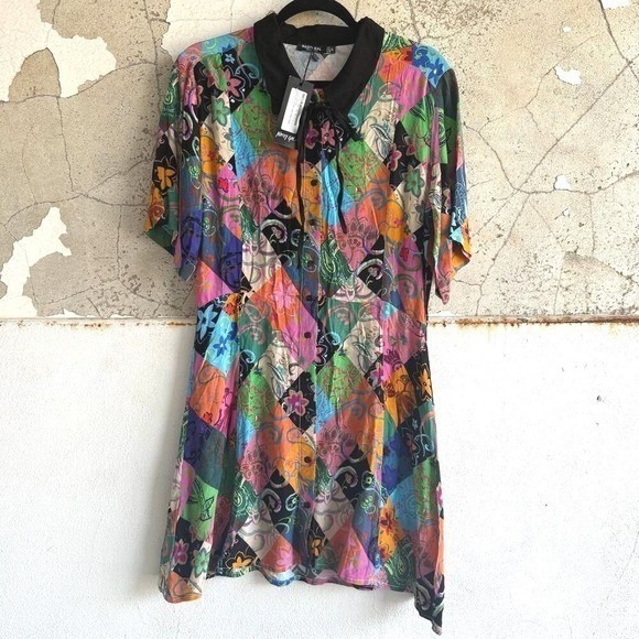 Nasty Gal Dresses & Skirts - Patchwork Shirt Dress Nasty Gal Y2K Colorful Festival Party‎ Mini Womens 6 NWT